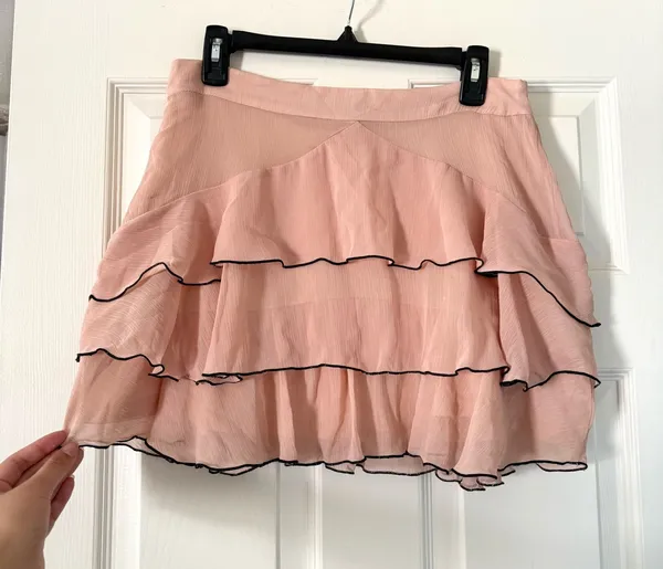 Zara Blush Pink Tiered Chiffon Ruffle Black Trim Mini Skirt - Image 3