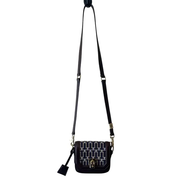 Tory Burch Mini Crossbody‎ Navy Brown Logo Jacquard Lock Bag - Image 3