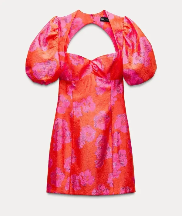Zara dress mini puff wide sleeve cut out hot Pink Floral wedding summer vacation - Image 3