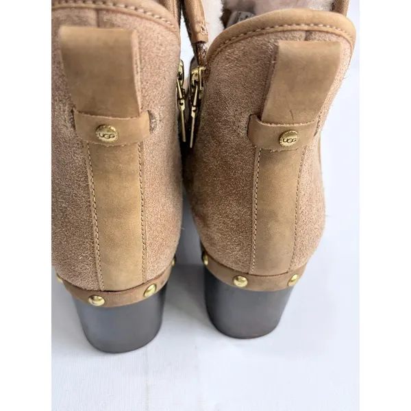 UGG Cam II Ankle Boots Chestnut Suede Shearling Lined Clog Heel Brass Studs 7 - Image 14