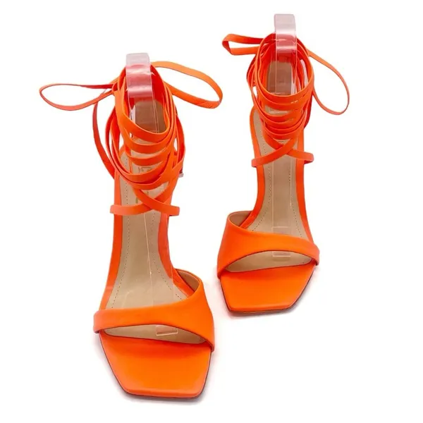 NEW Schutz Bryce Leather Stiletto Sandals Acid Orange Lace-Up Sandals Size 5.5 - Image 9