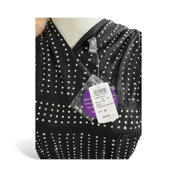 Black Rhinestone Embellished V-Neck Bodycon Sheath Dress Vintage style 50's Med‎ - Image 3