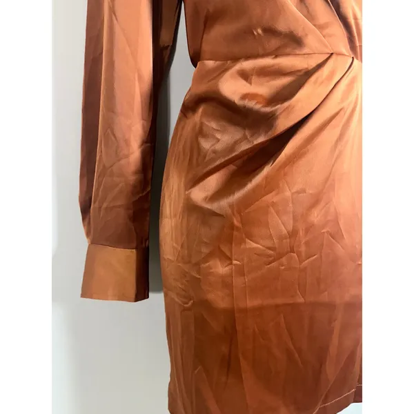 Banana Republic Satin Wrap Mini Dress Copper Brown Long Sleeve Collared Size 6 - Image 6