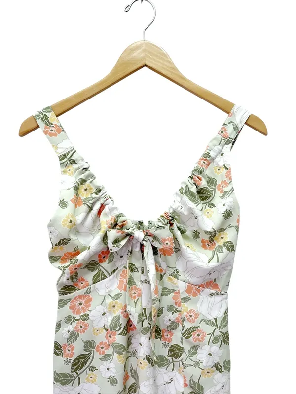 Abercrombie & Fitch Size XS Cinched Neck Slip Midi Dress Green Floral Satin Slit - Image 4