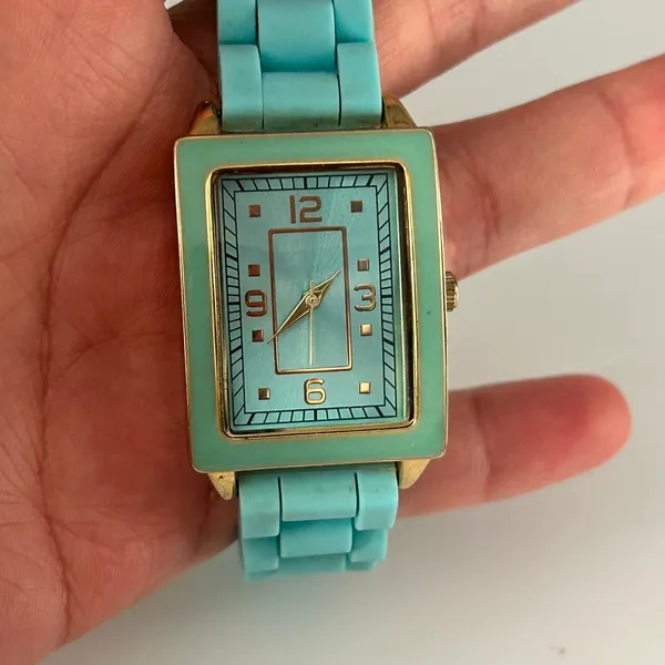Women’s Aqua Blue Rectangular Analog Watch Gold Case Working New Battery - Image 7