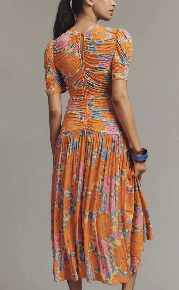 Farm Rio V-Neck Floral Ruched Mesh Midi Dress, Size M - Image 4