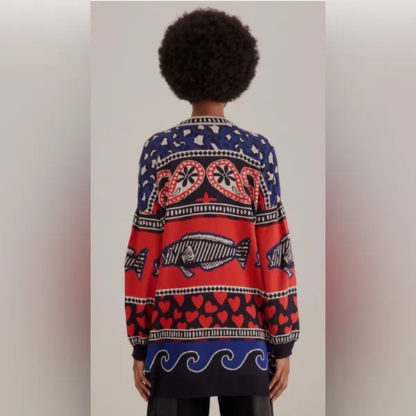 Farm Rio‎ Navy Mixed Print Knit Cardigan Sz Small Oversized Dopamine Teacher - Image 3