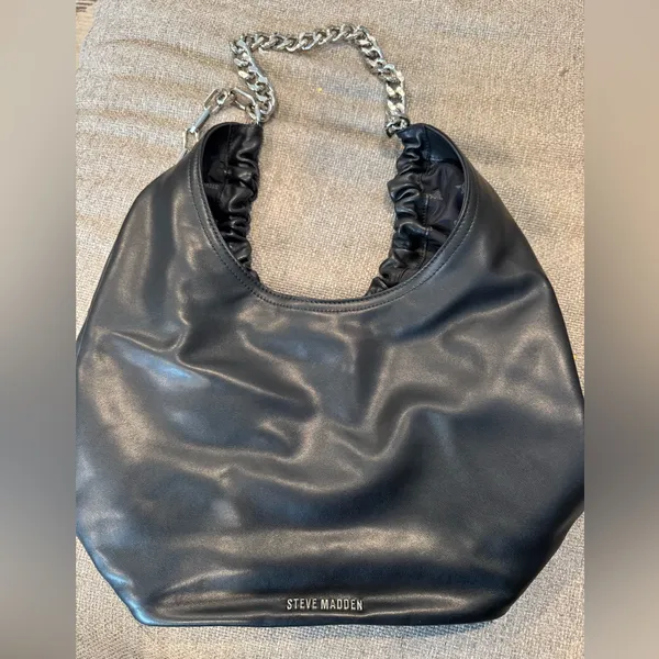 Steve Madden Black Chain Strap Ruched Hobo Bag Vegan Leather Magnet Closure New - Image 5