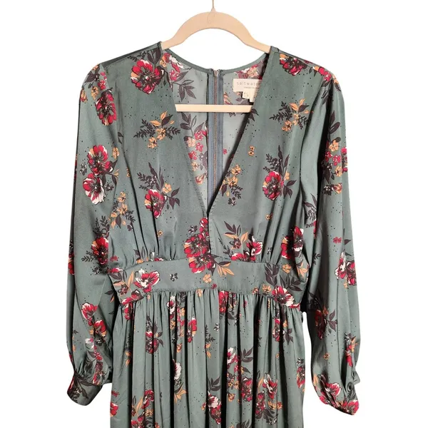 Saltwater Luxe Maxi Dress Women L Green Floral Long Sleeve Empire Waist Boho L L - Image 2