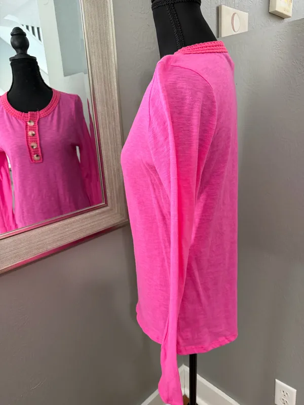 Bibi Hot Pink Barbiecore Crochet Trim Henley Size Small. - Image 2