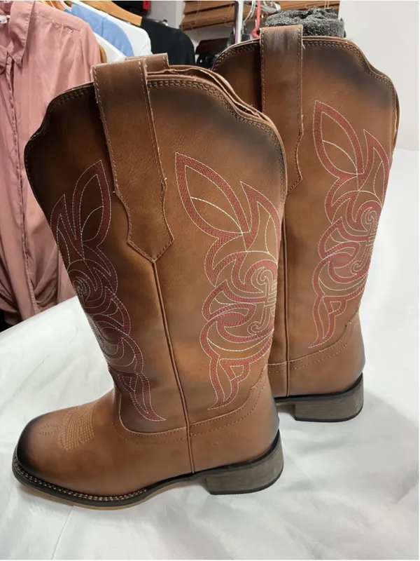 Womans Rollda Midcalf Cowgirl Boots 7.5 Brown Pullon square Toe Chunky Heel - Image 3