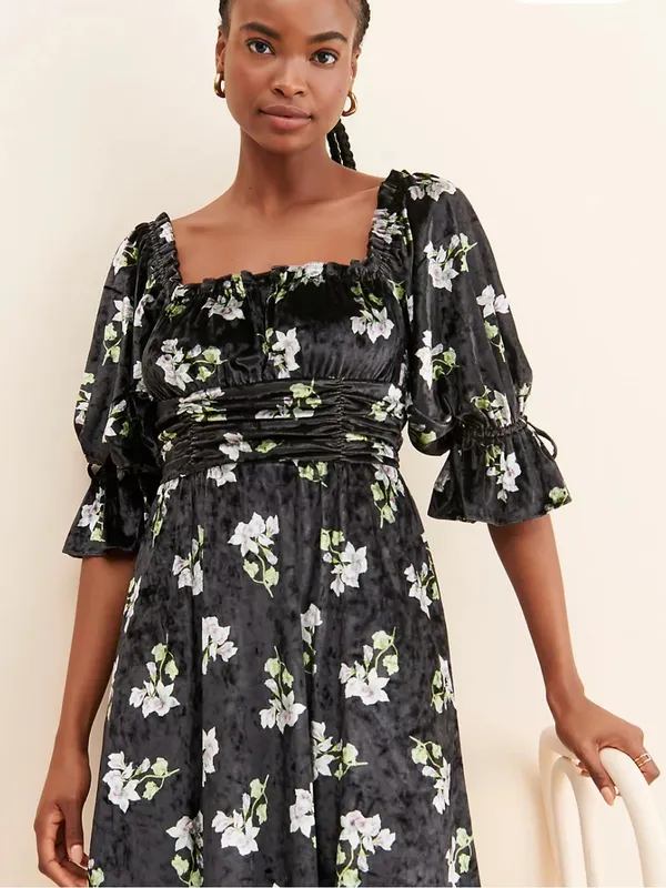 Hutch Black Velvet Floral Ruched Square Neck Mini Dress Size M Whimsigoth - Image 3