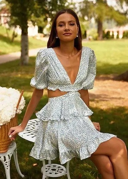 NEW White/Blue Floral Deep V Cutout Waist Ruffled Tiered Dress - Image 3
