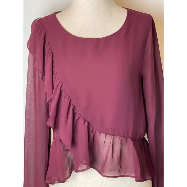 Line & Dot Revolve Burgundy‎ Violet Ruffled Long Bell Sleeve Blouse Size XS - Image 6