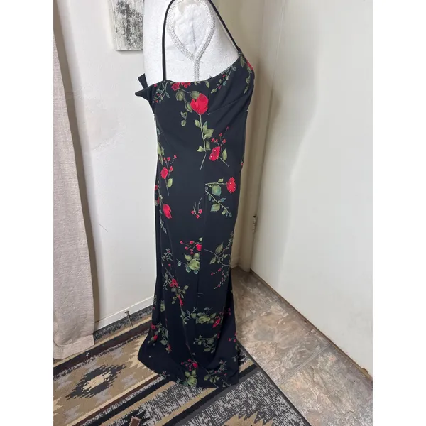 VTG 90s Arianna by Rachel Kaye Black Rose Maxi Dress Whimsygoth Column Slip 4P - Image 7