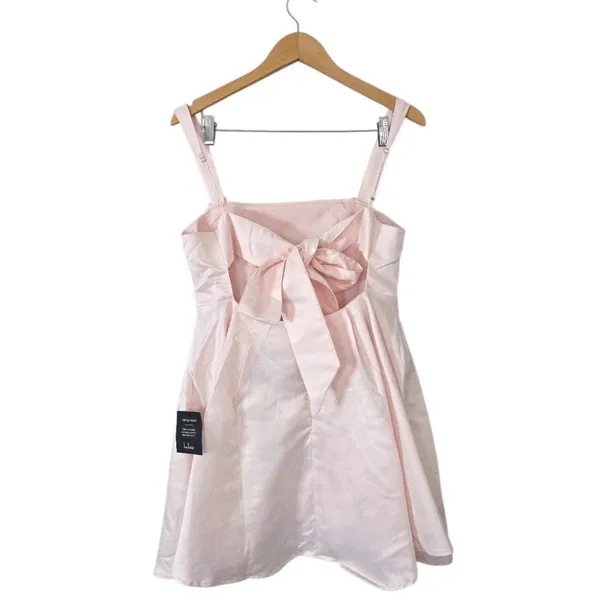 Lulus‎ Light Pink Satin Bow Mini Dress Fit Flare Sleeveless Cocktail Size Large - Image 4