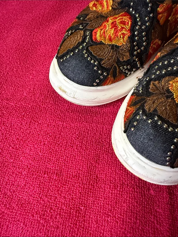 Jeffrey Campbell Black Slip-On Sneakers with Orange and Yellow Floral Embroidery - Image 4