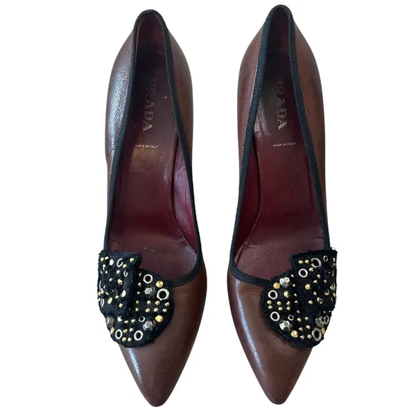 Prada Vintage Brown Leather Studded Grommet Bow Pumps Pointed Toe IT40 9.5 - Image 2
