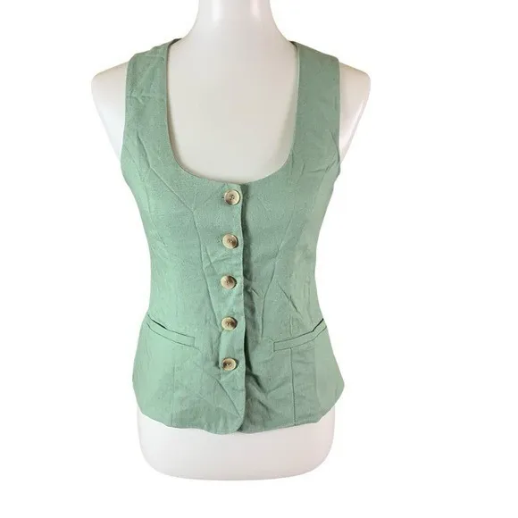 May Berries Green Linen Blend Button Vest Small Cottagecore Lightweight Chic - Image 2