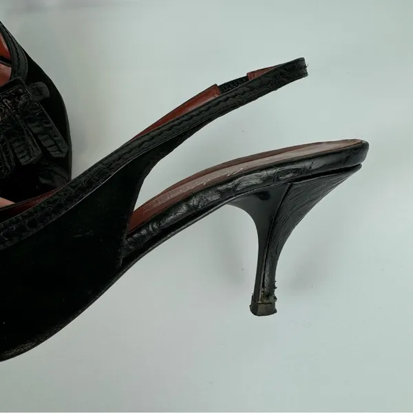 Donald Pliner Leather Sling Back Mules Sz 8 Black Kitten Heels Kiltie Point Toe - Image 7