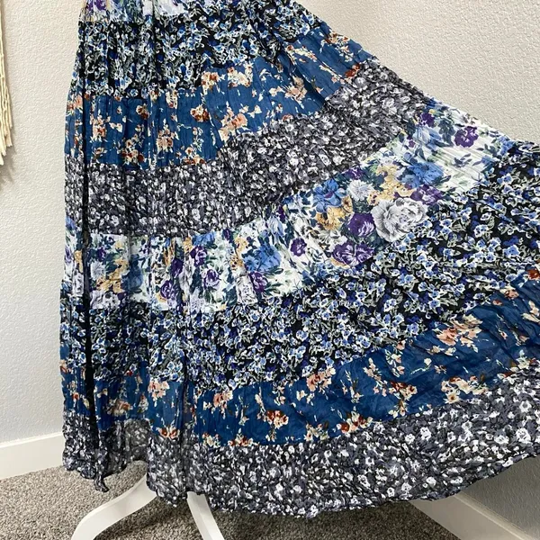Sostanza Blue Floral Maxi Skirt Lined Stripe Patch 100% Cotton Boho Chic Casual - Image 4