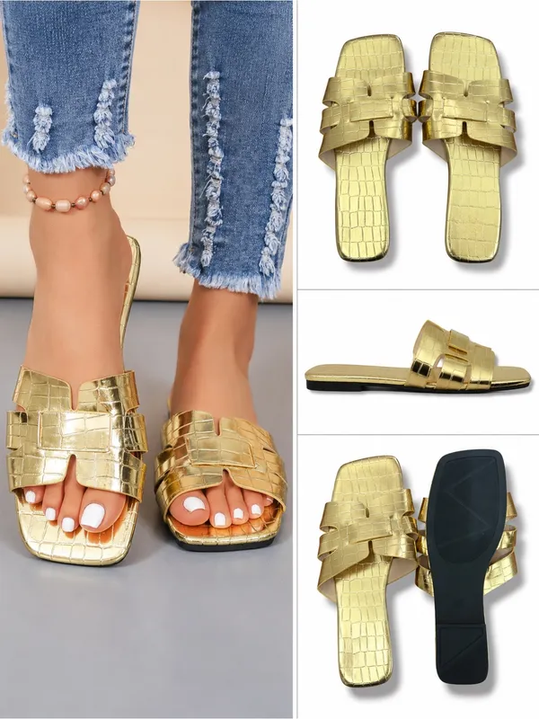 SHEIN | NWT Gold Croc-Embossed Slide Square Toe Beach Sandals (Size 42) - Image 2