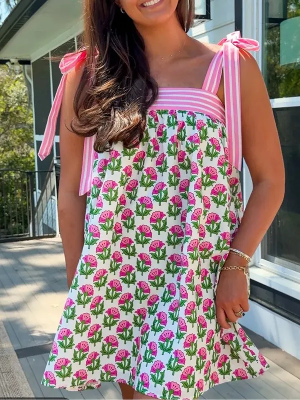 Sleeveless Pink Floral Tie-Shoulder Mini Dress - Image 6
