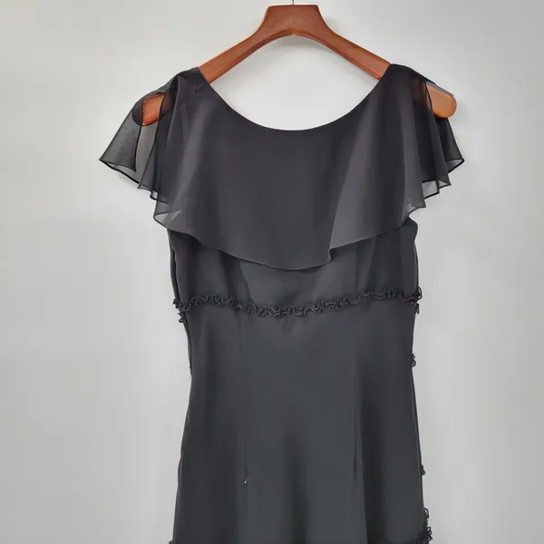 VTG Liz & Co Cocktail Dress Womens 8 Black Ruffled Detail V-Neck Flutter Sleeve - Image 5