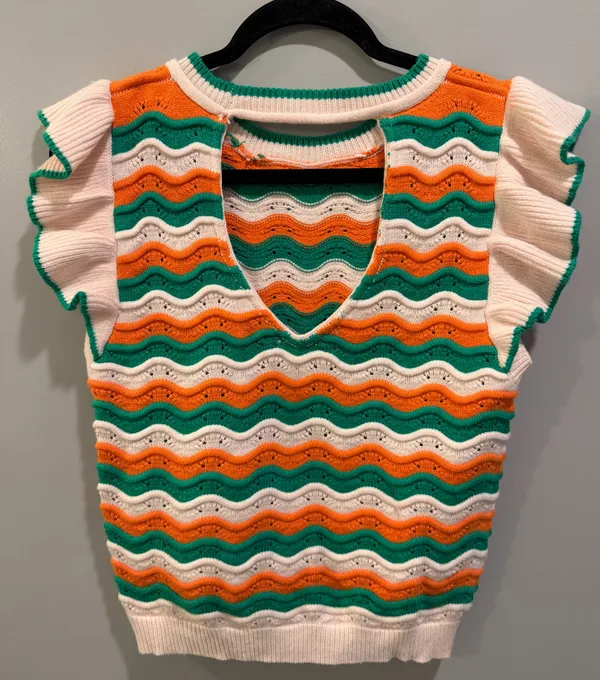 THML Flutter Sleeve Pink, Green, and Orange Wave Print Knit Top - Image 3