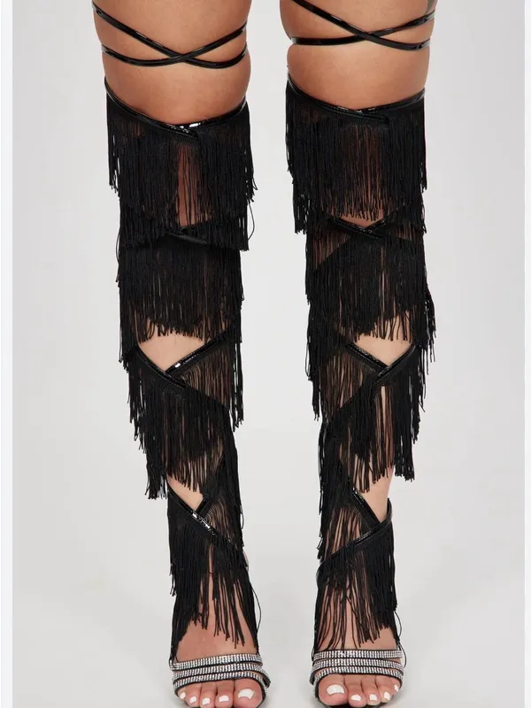 Cape Robbin Black Fringe Lace-Up Stiletto Sandals - Image 3