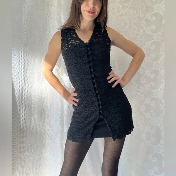 Vintage Laundry by Shelli Segal Black Lace Tunic Dress Button Front Size 4 - Image 6