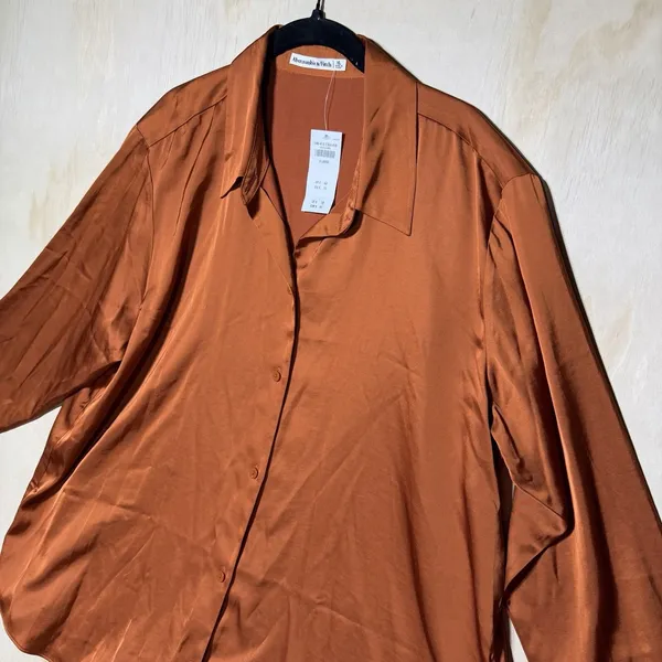 Abercrombie & Fitch Women's XL Satin Button Front Blouse Copper Long Sleeve NWT - Image 2
