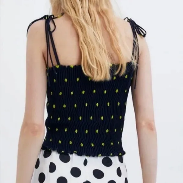 Zara smocked top with polka-dots and shoulder ties Navy and Yellow Size Large - Image 2