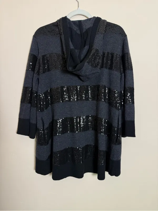 Alice + Olivia Black and Gray 100% Wool Sequin Hooded Button Cardigan Medium - Image 2