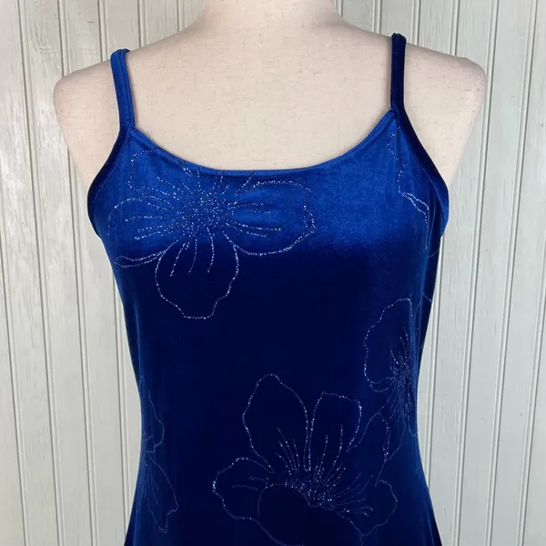 Vintage 90s Y2K Blue Velvet Flower Maxi Slip Dress Whimsigoth Fairycore Medium - Image 3