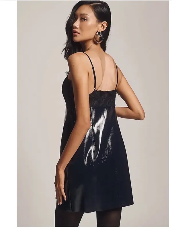 Anthropologie Faux Leather Lace-Trim Mini Dress in Navy - Image 3