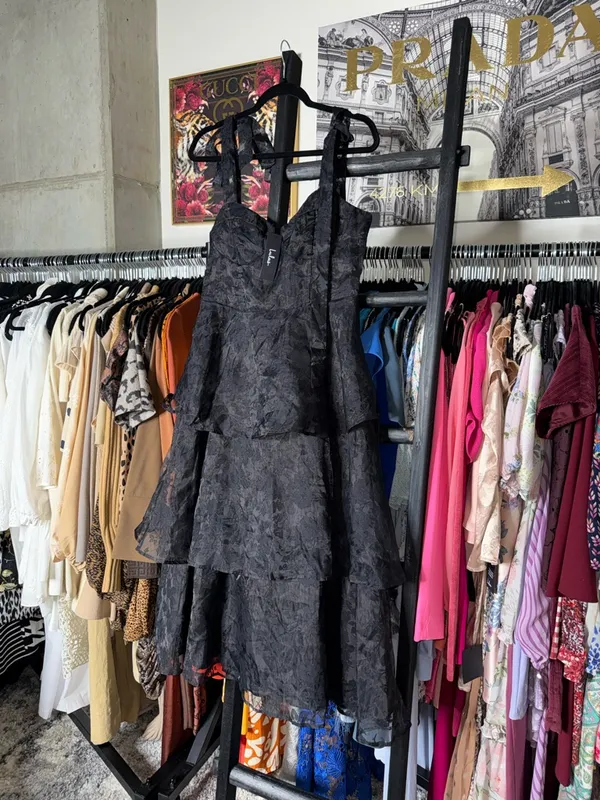 Lulus Black Burnout Jacquard Tie Strap Bustier Midi Dress Large New NWT - Image 7