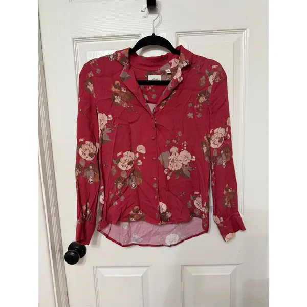 Wilfred Aritzia‎ Floral Button Down Blouse Red Pink Long Sleeve XS Notched Lapel - Image 2