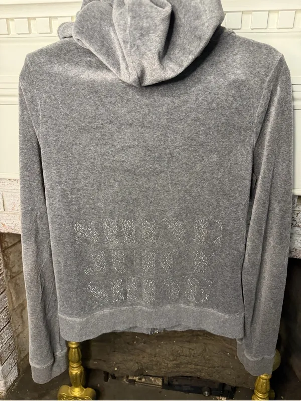 Juicy Couture Gray Velour Zip Hoodie Rhinestone Crest Y2K Size Large - Image 2