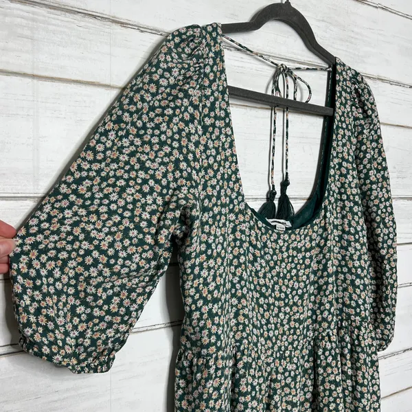 American Eagle Green Floral Babydoll Dress XL Scoop Back Tie Tassels - Image 10