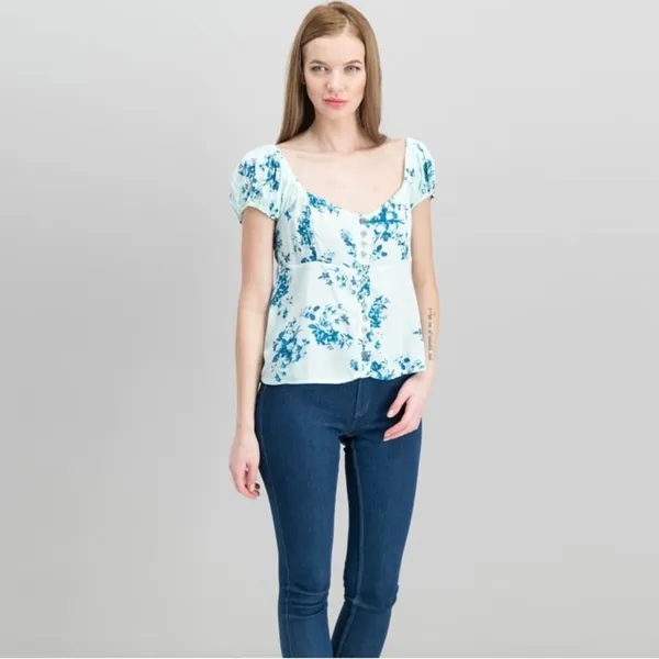 Free People Blue Floral Peasant Top XS Cottagecore Boho Puff Sleeve Babydoll - Image 9