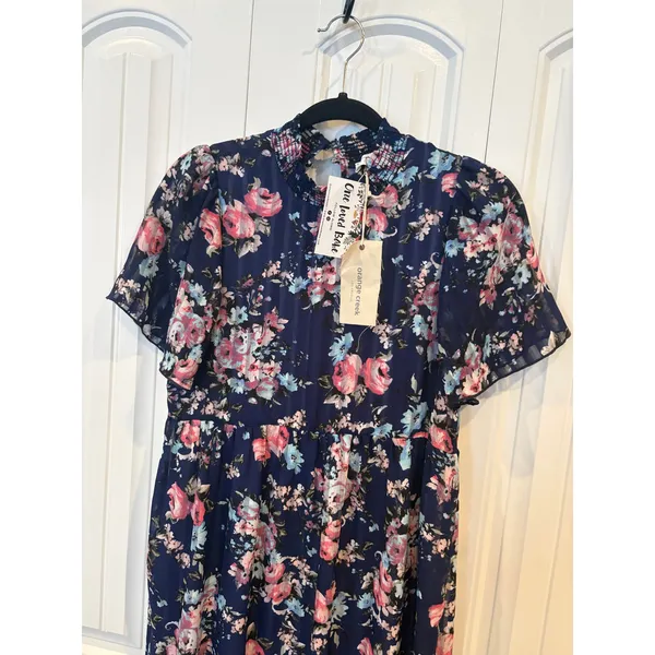Orange Creek Los Angeles Blue Floral Short Sleeve Midi Dress Small‎ - Image 3