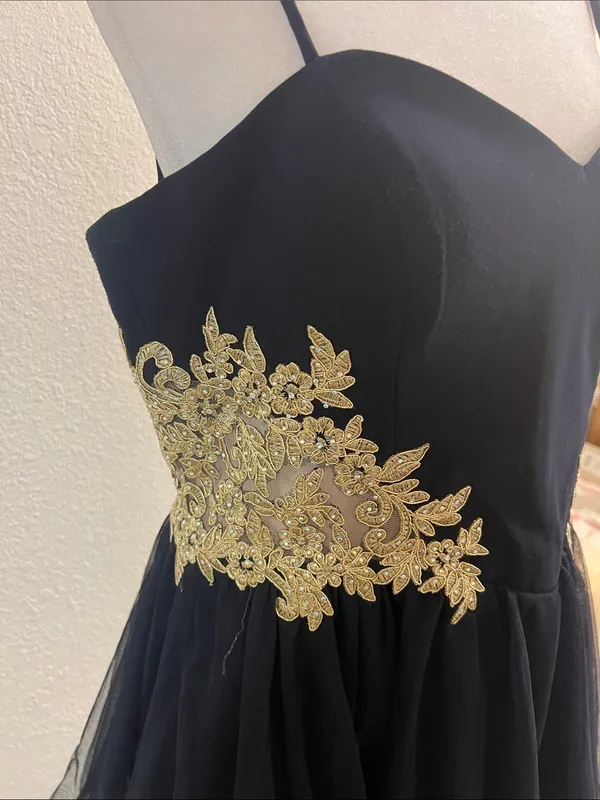 Dark Blue Spaghetti Strap Mini Dress with Gold Appliqué - Image 3