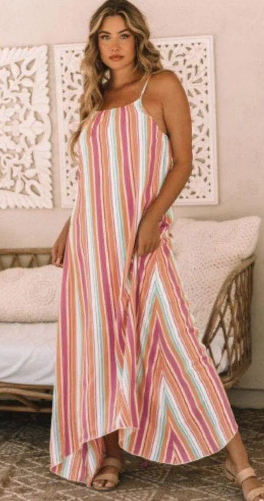 The Lace Daisy NEW Colorful Striped Spaghetti Strap Handkerchief Hem Maxi Dress Size Large - Image 5
