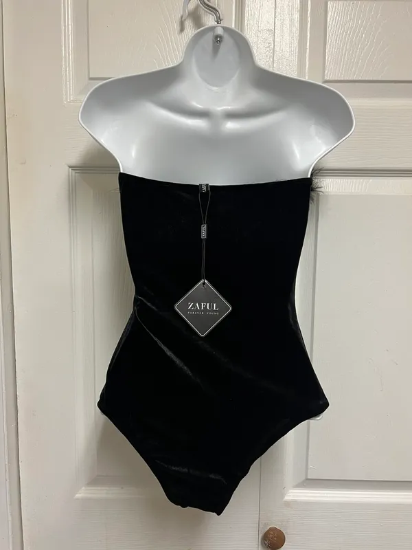 Zaful Black Velour Feather Trim Bodysuit - Image 7