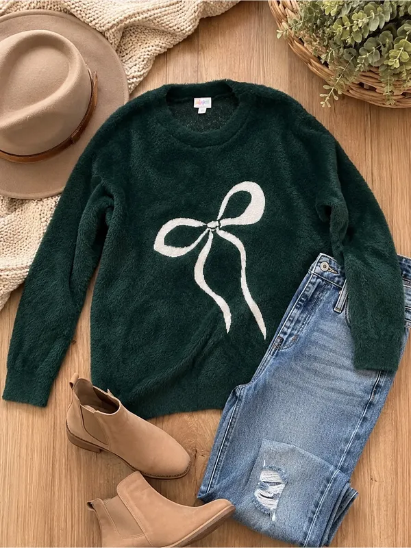 Lulus LuLaRoe Forest Green Fuzzy Bow Sweater XL Cozy Plush Pullover - Image 5