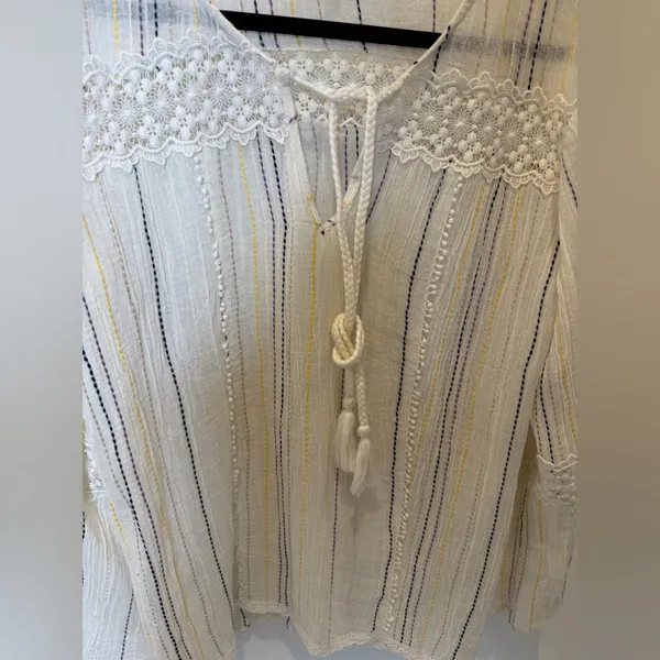 Surf Gypsy Boho Gauze Stripe Bell Sleeve Blouse Crochet Tassel V-Neck Top Small - Image 6