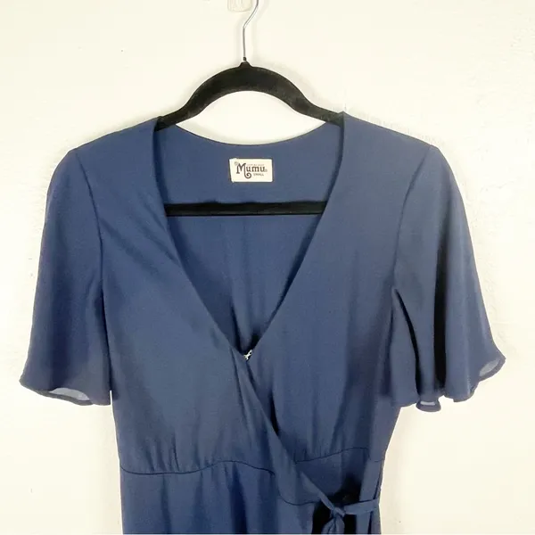 SHOW ME YOUR MUMU Marianne Navy Wrap Flutter Sleeves V-Neck Dress Small Wedding - Image 8