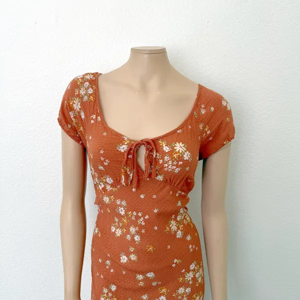 [Nikki Erin] Orange Floral Print Cap Sleeve Peasant Midi Slip Dress Size Large L - Image 4