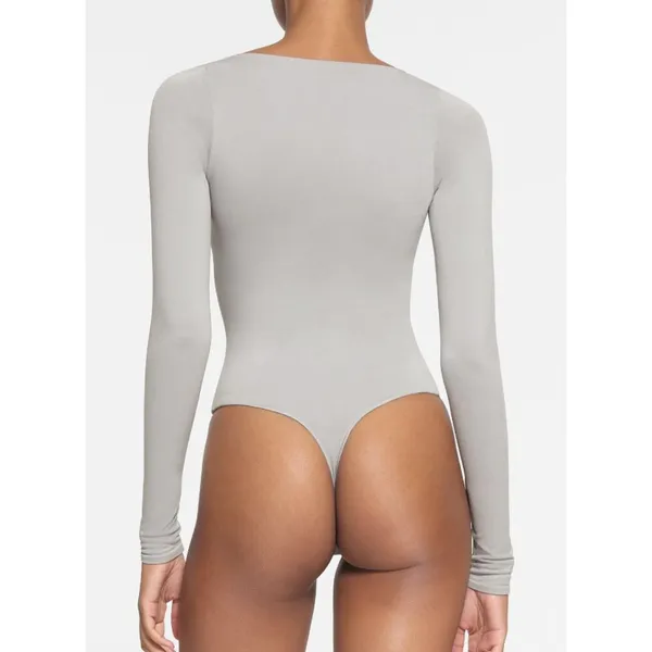 Skims ESSENTIAL LONG SLEEVE SCOOP NECK BODYSUIT Light Grey S/M - Image 3